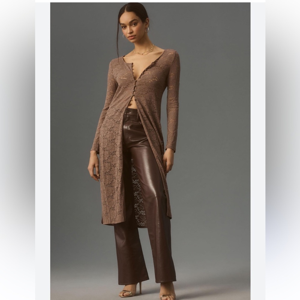 ANTHROPOLOGIE Maeve Brown Lace Button Down Blouse Small